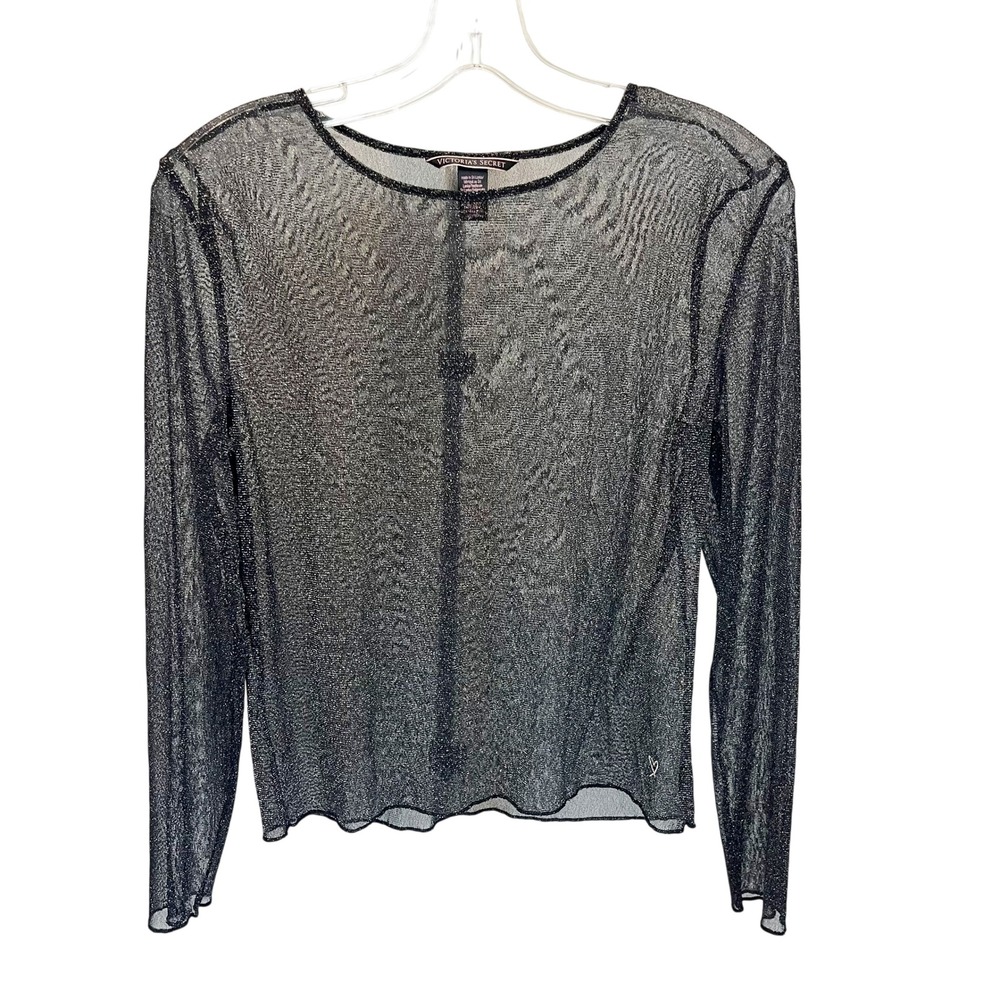 Victorias Secret Black Silver Glitter Mesh Top Long Sleeve Whimsigoth Size XS/S